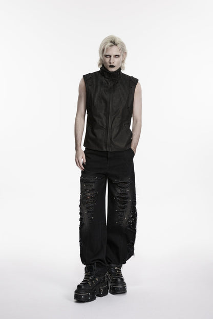 Cool Black Punk Vest for Men, Pleated with Studs and Zippers
