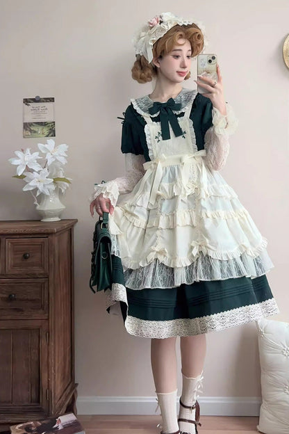 Emerald Misty Path Bow-Embroidered Long-Sleeve Lolita Gown
