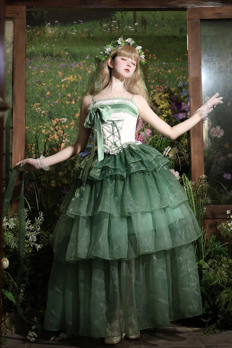 Emerald Snow Lily Valley Sleeveless Triple-Ruffle Bow Lace-Up Skirt Set