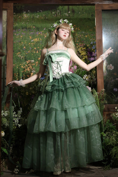 Emerald Snow Lily Valley Sleeveless Triple-Ruffle Bow Lace-Up Skirt Set