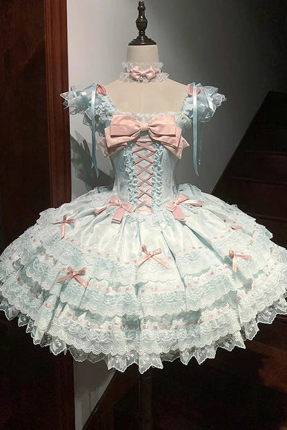 Emerald Sleeveless Ruffle Bow Lace Lace-Up Sweet Elegant Lolita Jumper Dress