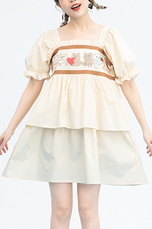 Vintage Sweet Lolita Gown with Bear Print, Square Neck & Ruffled Sleeves