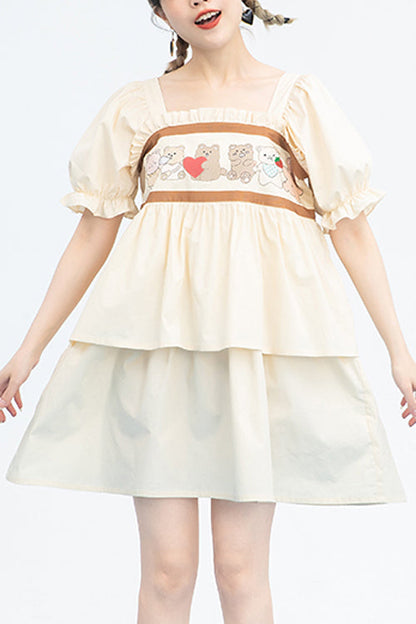Vintage Sweet Lolita Gown with Bear Print, Square Neck & Ruffled Sleeves