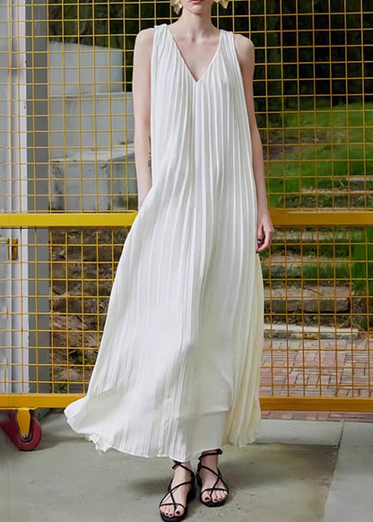 Wrinkled Long Dress Simple Neck V White Sleeveless Chiffon