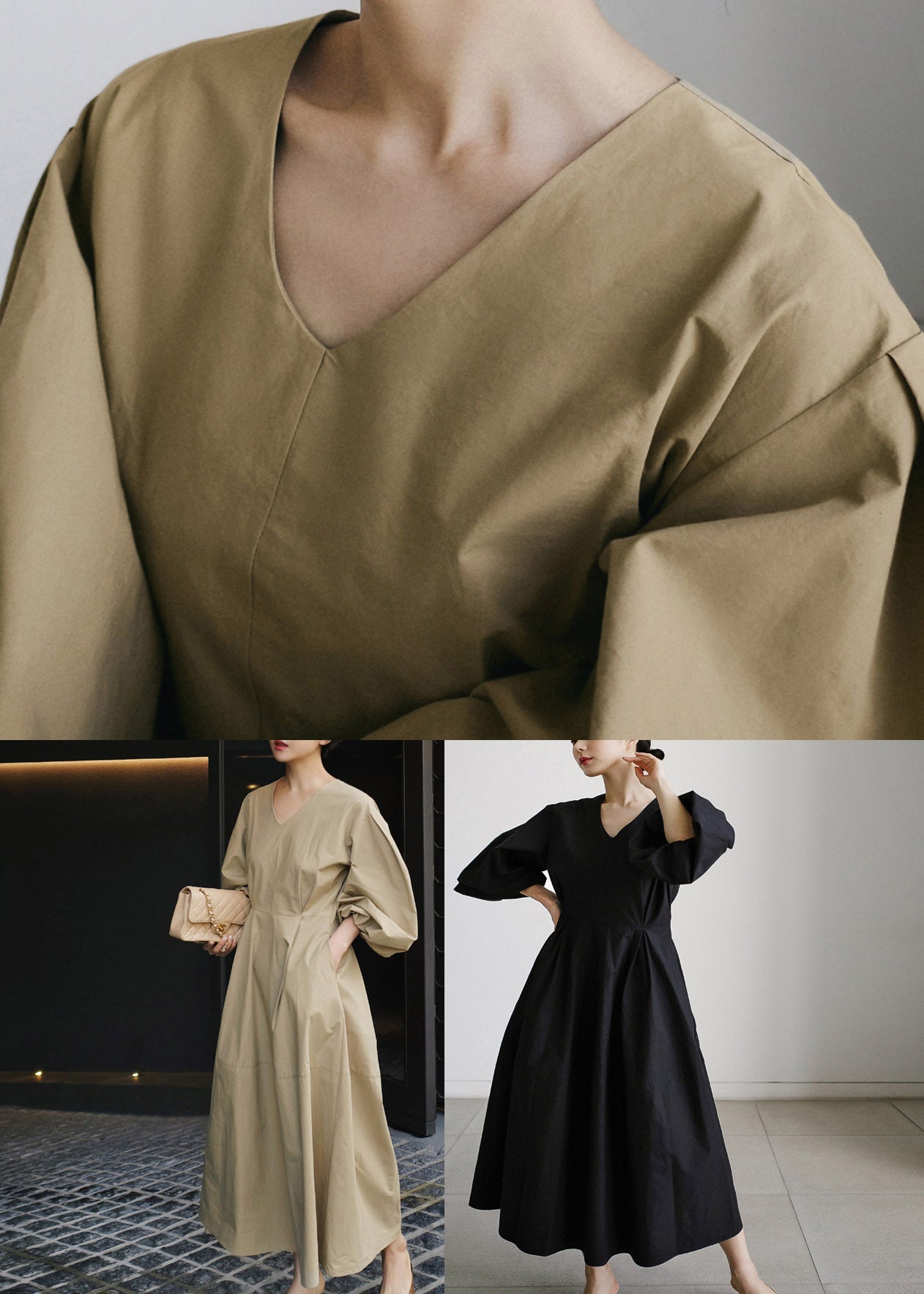 Lantern Cotton Vacation Dress Wrinkled Sleeve Black Pockets