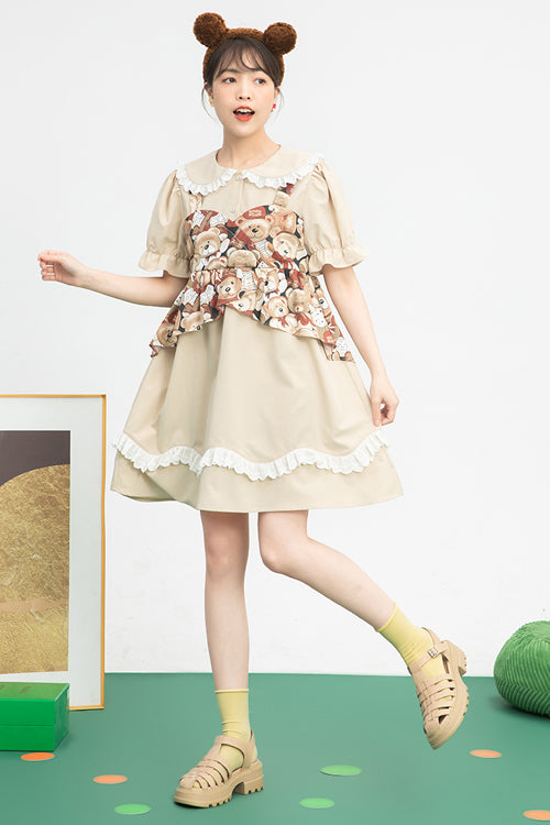 Sweet Lolita Frocks with Doll Collar, Bear Print & Faux Two-Piece Design