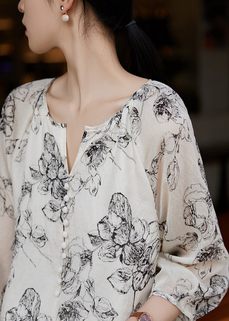 White Boho Oversized Shirts Sleeve Bracelet Cotton Print