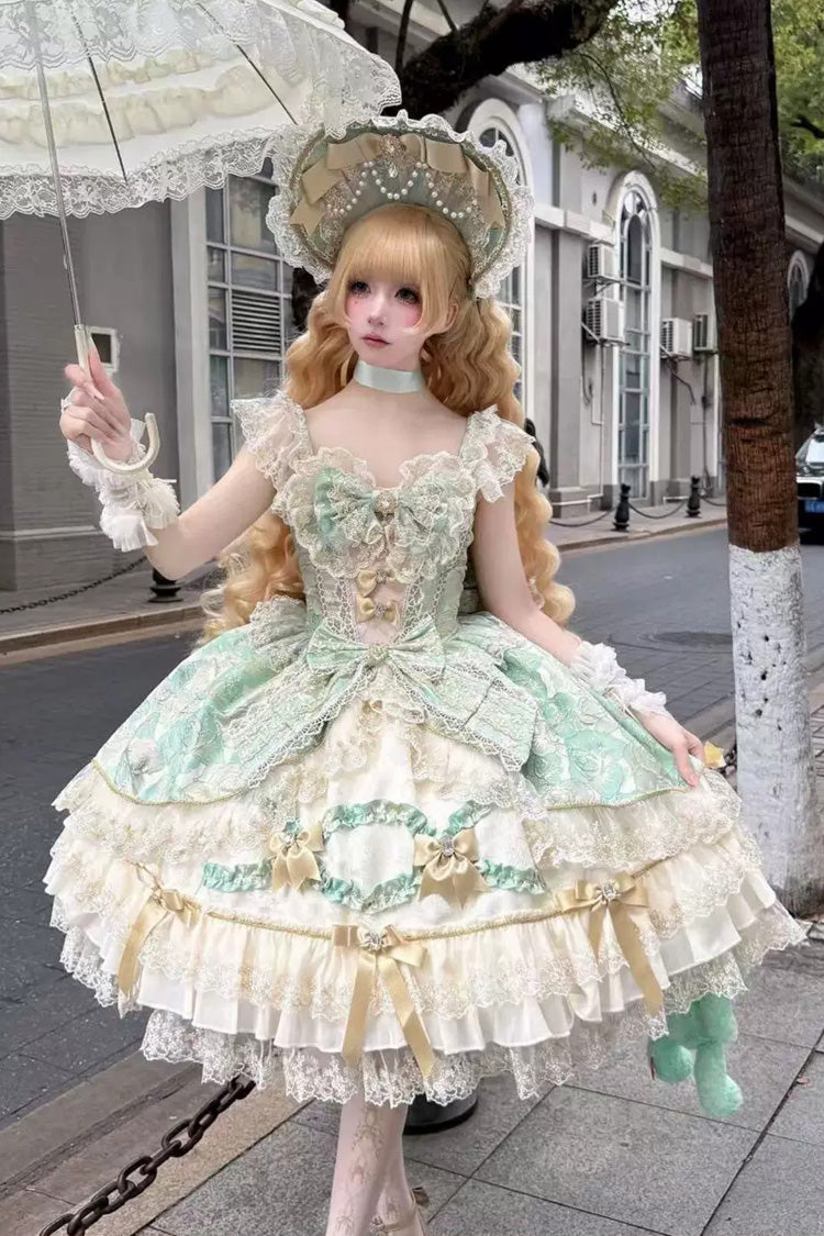 Emerald Gilded Waltz Square-Collar Sleeveless Embroidered Bow Gorgeous JSK