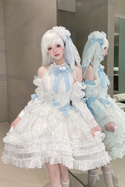 Ivory Detachable Flared Sleeves Triple Ruffles Bow Lace Lolita Dress