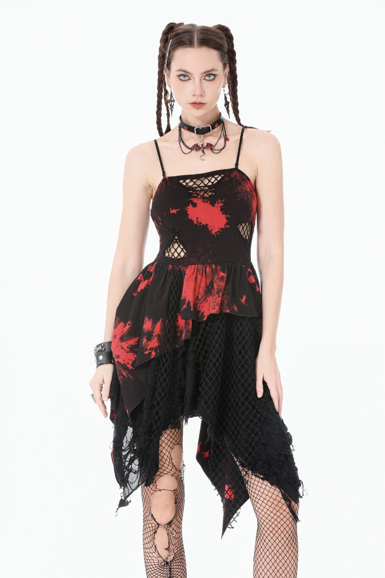Crimson & Obsidian Sleeveless Irregular Mesh Tie Dye Punk Slip Dress