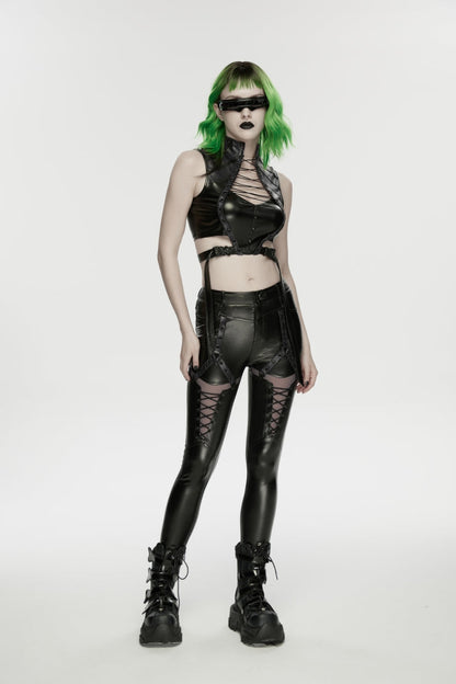 Women's Black Punk Crop Vest, Slim with Straps and Studs