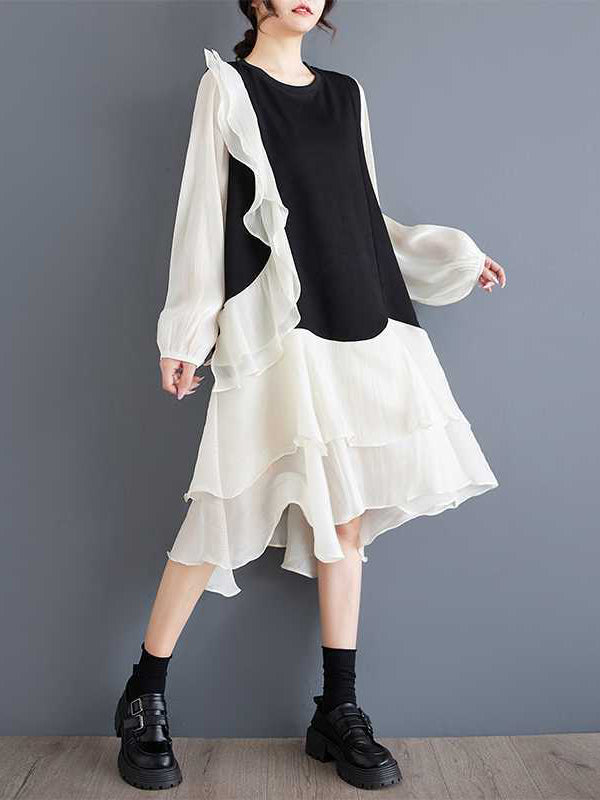 Chic Black Round-Neck Patchwork Contrast Color Ruffle Trim High-Low Long Sleeve Dress TW019