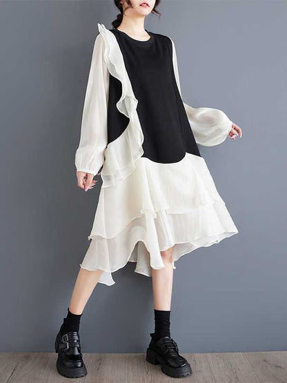 Chic Black Round-Neck Patchwork Contrast Color Ruffle Trim High-Low Long Sleeve Dress TW019