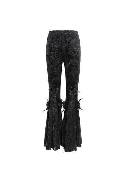 Dark Floral Lace Trimmed Flared Trousers for Women - Gothic