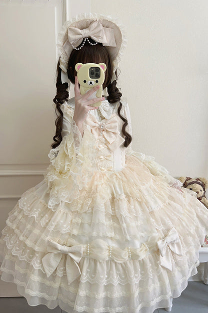 Sweet Princess Lolita Gown with Layered Bows & Lace Accents in Cream