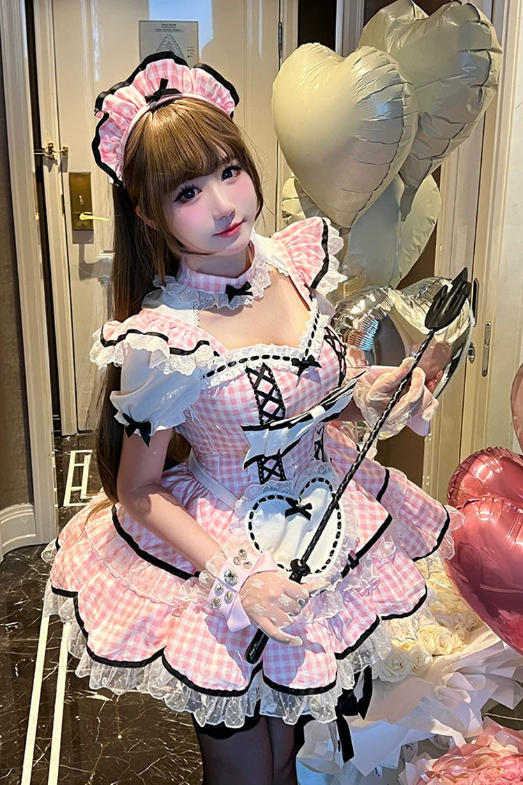 Blush Square Collar Short-Sleeve Double-Layer Printed Ruffle Bow Maid Dress - Girlish Plaid