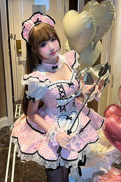 Blush Square Collar Short-Sleeve Double-Layer Printed Ruffle Bow Maid Dress - Girlish Plaid