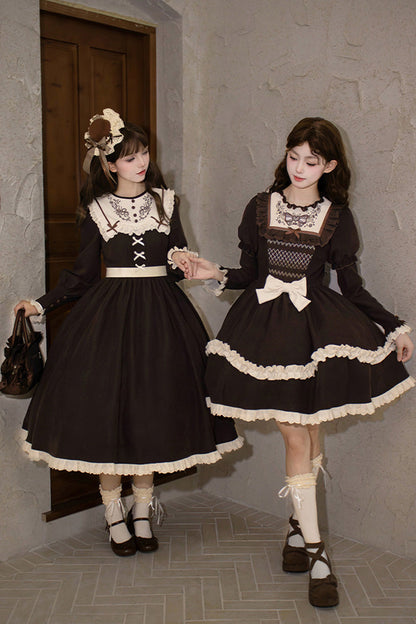 Rustic Brown Double Ruffle Bow Embroidered Sweet Lolita Mini Dress - Miss Brown