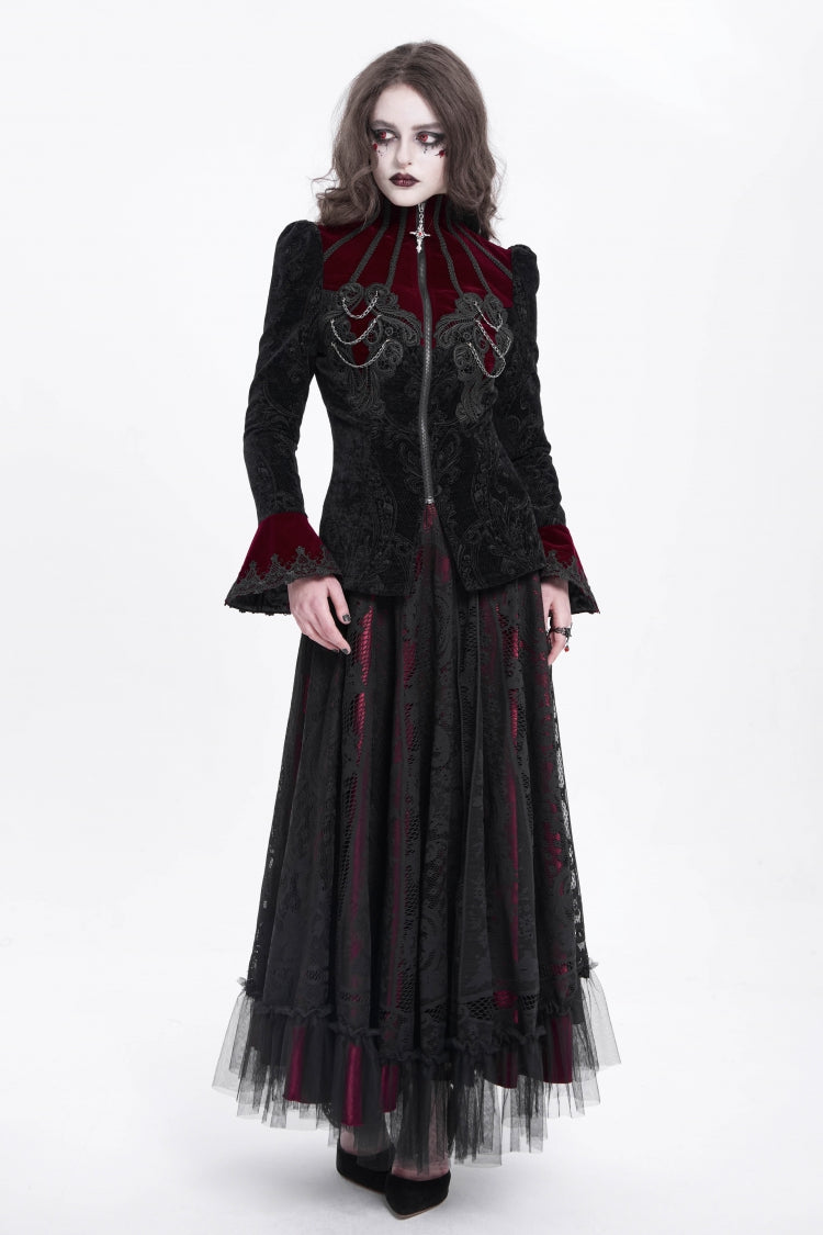 Crimson & Obsidian Stand Collar Long Trumpet Sleeves Embroidery Gothic Jacket