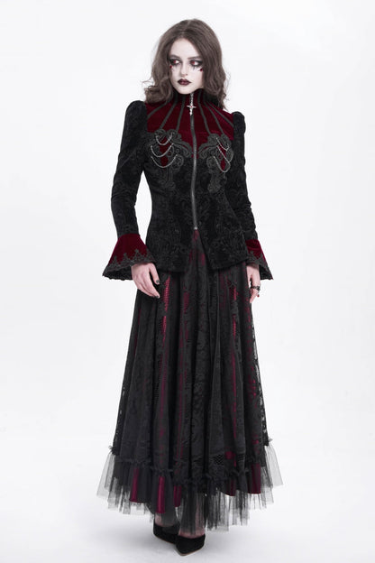 Crimson & Obsidian Stand Collar Long Trumpet Sleeves Embroidery Gothic Jacket