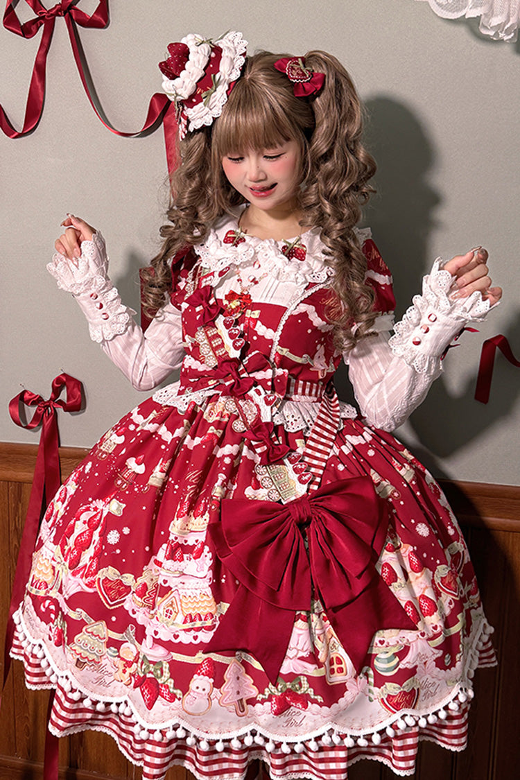 Doll Collar Short Sleeve Print Ruffle Bowknot Sweet Lolita Dress with Strawberry Dessert - 4 Colors
