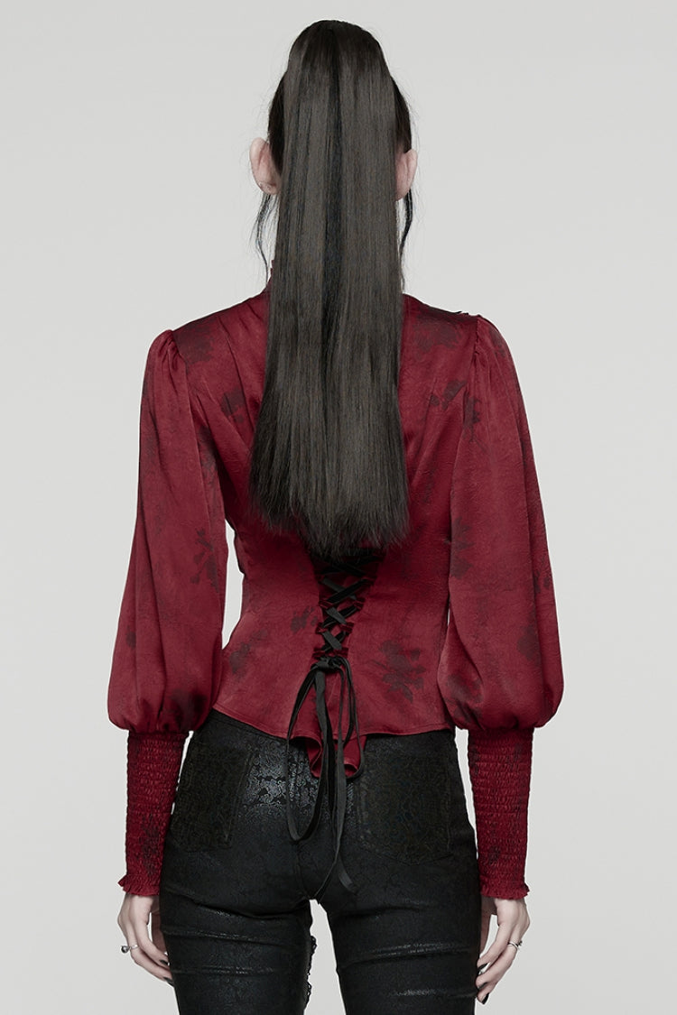 Crimson High-Neck Gothic Ruffled Blouse with Puffed Sleeves and Lace
