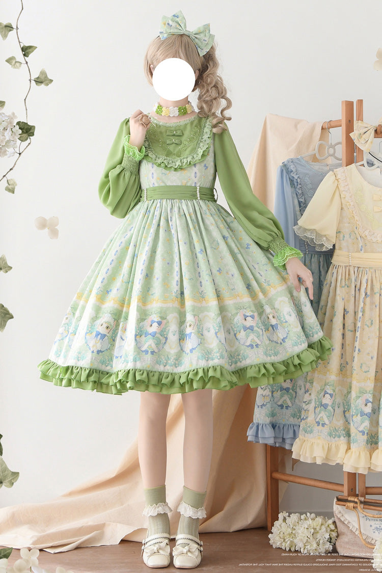 Emerald Lily Valley Cat Printed Embroidery Bowknot Sweet Dress