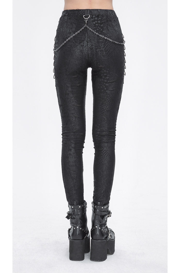 Women's Punk Pants with Stitching Lace and Print in Black Jacquard