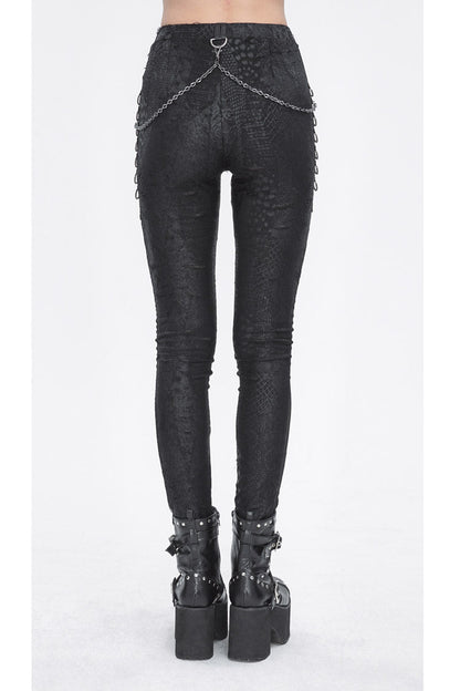 Women's Punk Pants with Stitching Lace and Print in Black Jacquard