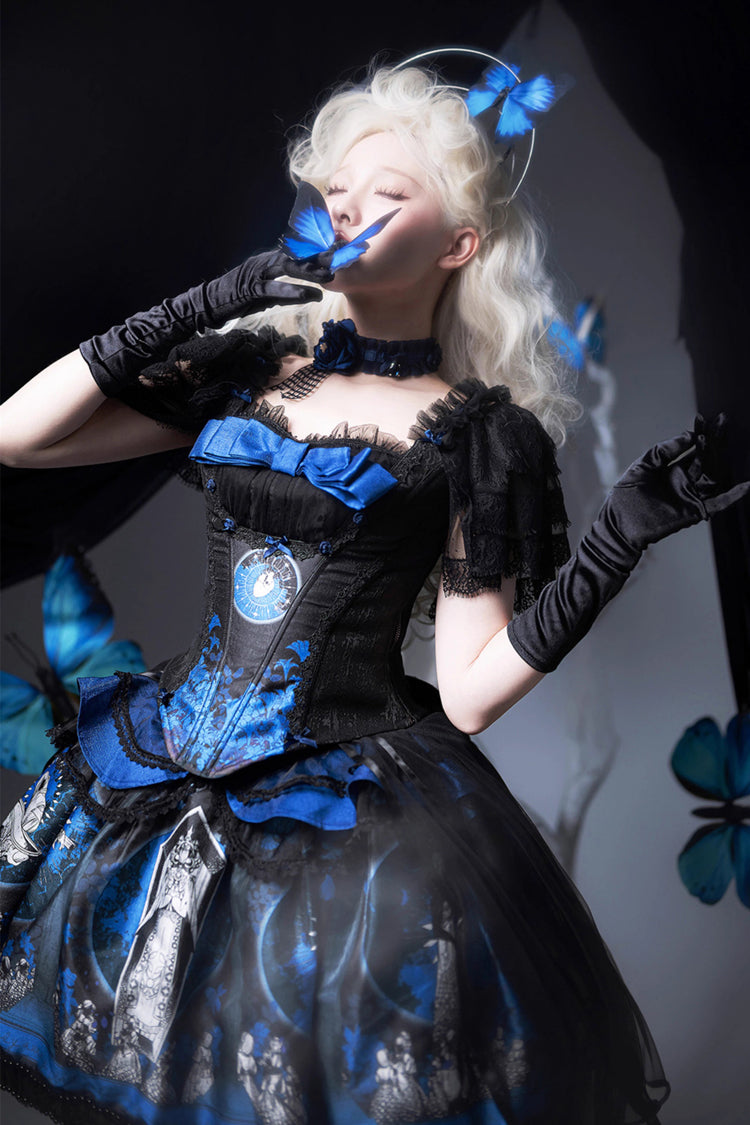 Azure Dark Moon Corridor Print Embroidery Gothic Lolita Gown Skirt