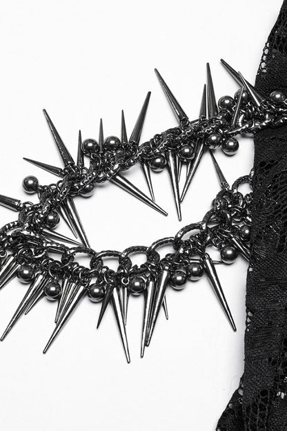 Women's Gothic Skirt with Embroidery, Split Lace and Studded Chain