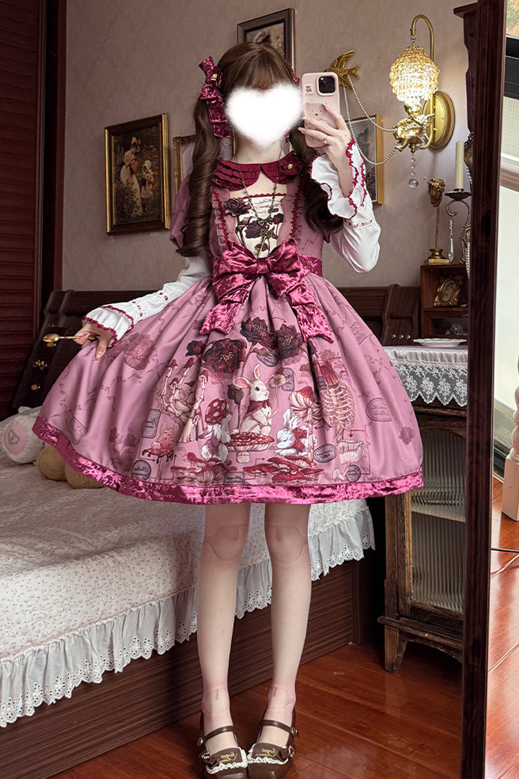 Crimson Sweet Lolita Dress with Rabbit Sunflower Print and Bow Embroidery