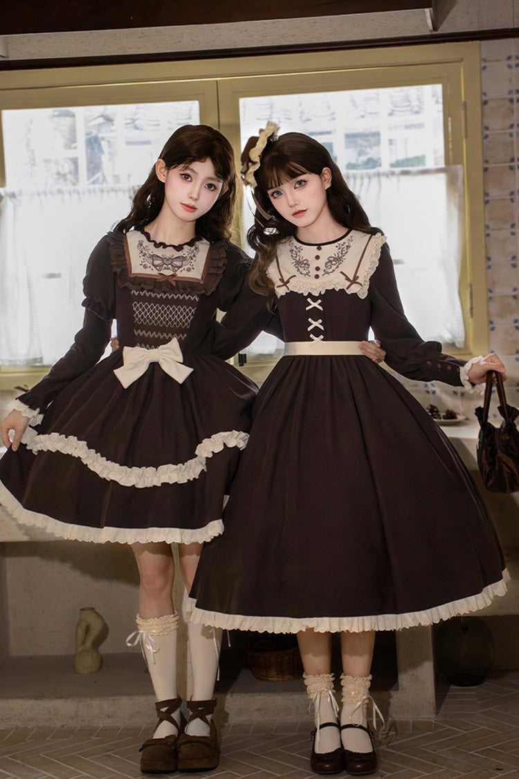 Rustic Brown Embroidered Ruffle Sleeve Sweet Lolita Gown - Miss Brown