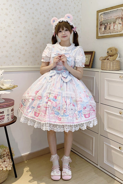 Azure Cute Rabbit Sweet Cake Print Ruffle Bow Lace Sweet Lolita Jumper Dress