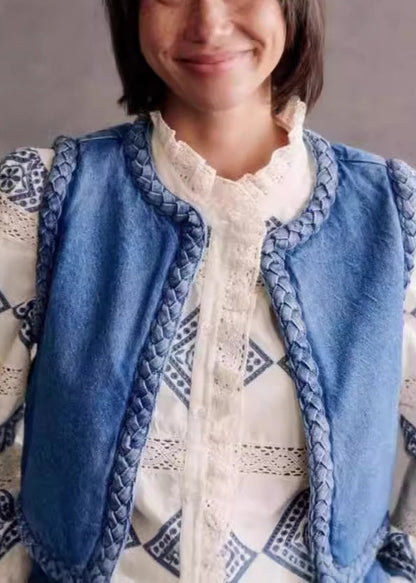 O Bohemian Cotton Filled Blue Fine Denim Vest Neck Sleeveless