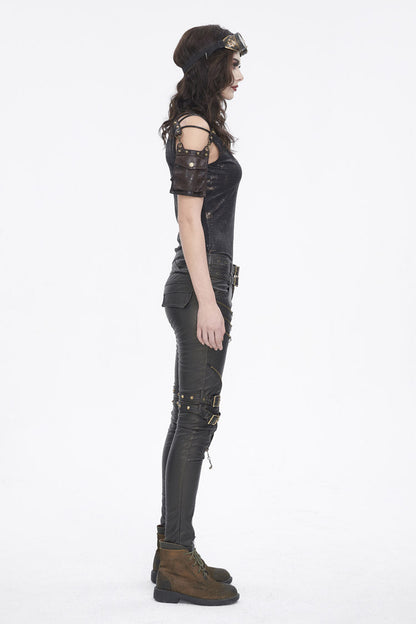 Graphic Spaghetti-Strap Punk Top with Buckle Accents