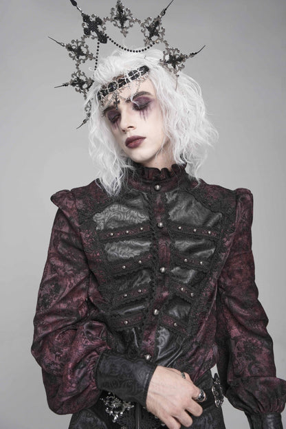 Crimson & Obsidian Stand Collar Long Lantern Sleeves Floral Print Embroidery Gothic Blouse