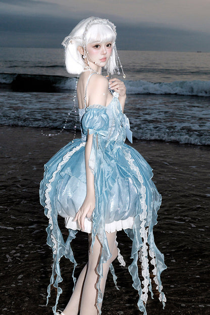 Dreamy Jellyfish Square Collar Printed Ruffled Lace JSK Set