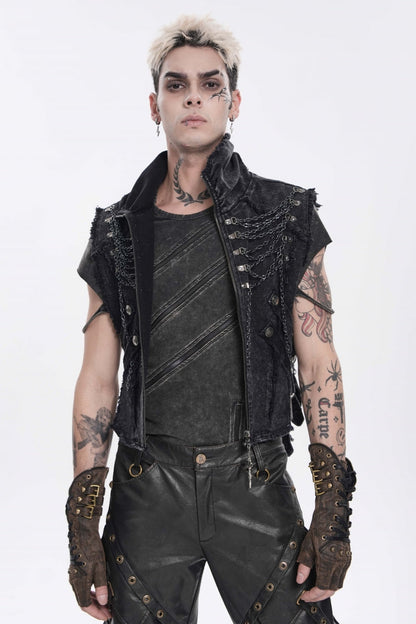 Edgy Black Punk Vest for Men, Sleeveless with Zippers and Chain Accents