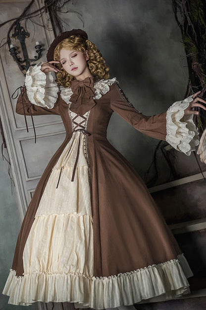 Nutcracker Stand Collar Trumpet Sleeve Lolita Dress Set with Bow - Lace-Up