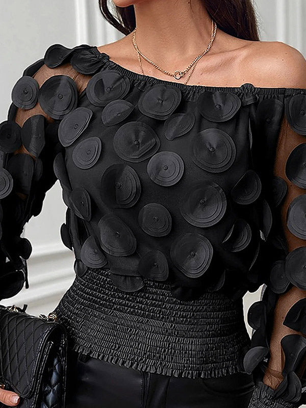 Chic Black Dot Round-Neck See-Through Puff Sleeve Tulle Blouse TT1036