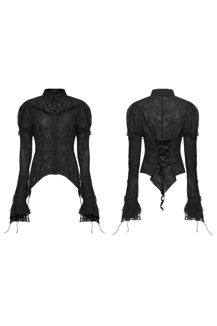 Gothic Lace Blouse with Lapel Collar and Stitched Print, Long Sleeves, Two Variants - DarkRomance
