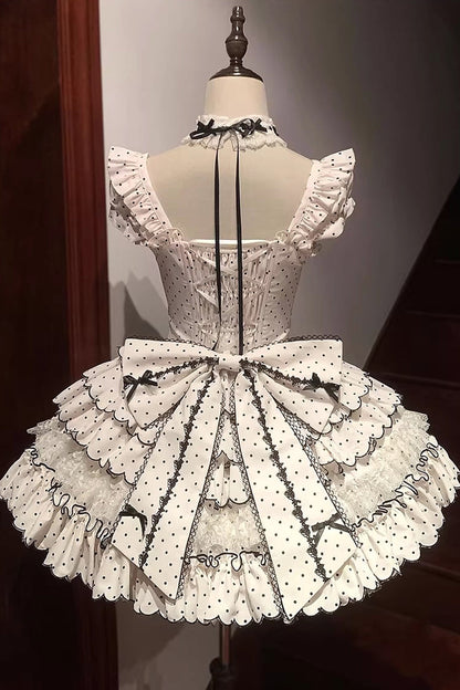 Sweet Princess Lolita JSK Gown with Polka Dots, Ruffles & Sleeveless Bow