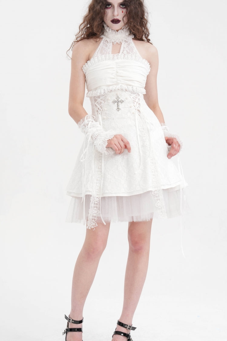 Ivory Bow Lace-Up Mesh Eyelet Gothic Palace Arm Sleeves
