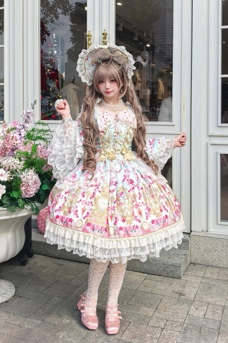 Square Collar Long Trumpet Sleeve Printed Ruffled Bow Lace-Up Sweet Lolita Dress in Mint Green/Pink - Rose Garden Prelude