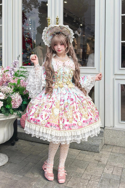Square Collar Long Trumpet Sleeve Printed Ruffled Bow Lace-Up Sweet Lolita Dress in Mint Green/Pink - Rose Garden Prelude