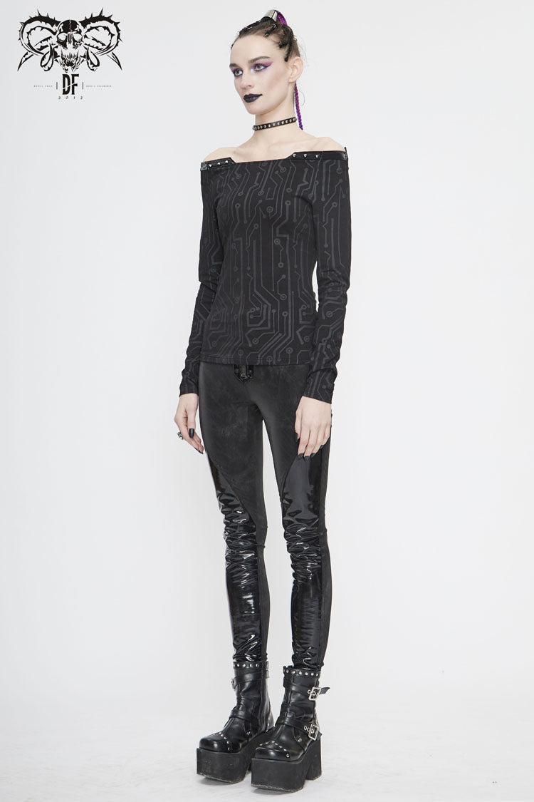 Circuit Pattern Off-Shoulder Rivet Tight T-Shirt for Women