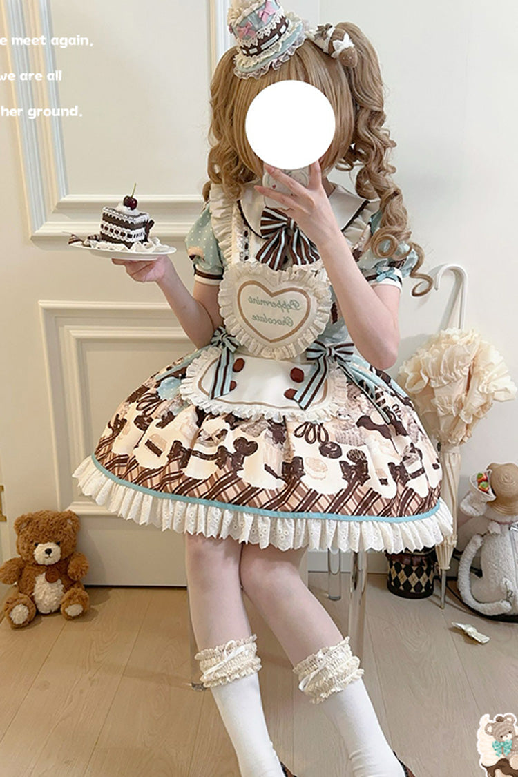 Peppermint Chocolate Cake Bear Print Lace-Up Lolita Dress with Bow - Sweet