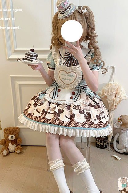 Peppermint Chocolate Cake Bear Print Lace-Up Lolita Dress with Bow - Sweet