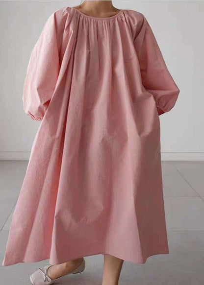 Dress wrinkled O-Neck Pink Maxi Quarter Three Cotton sleeve